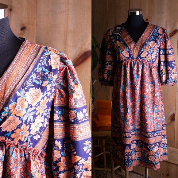 Floral Midi Dress in Blue and Orange - Picture 3 of 4